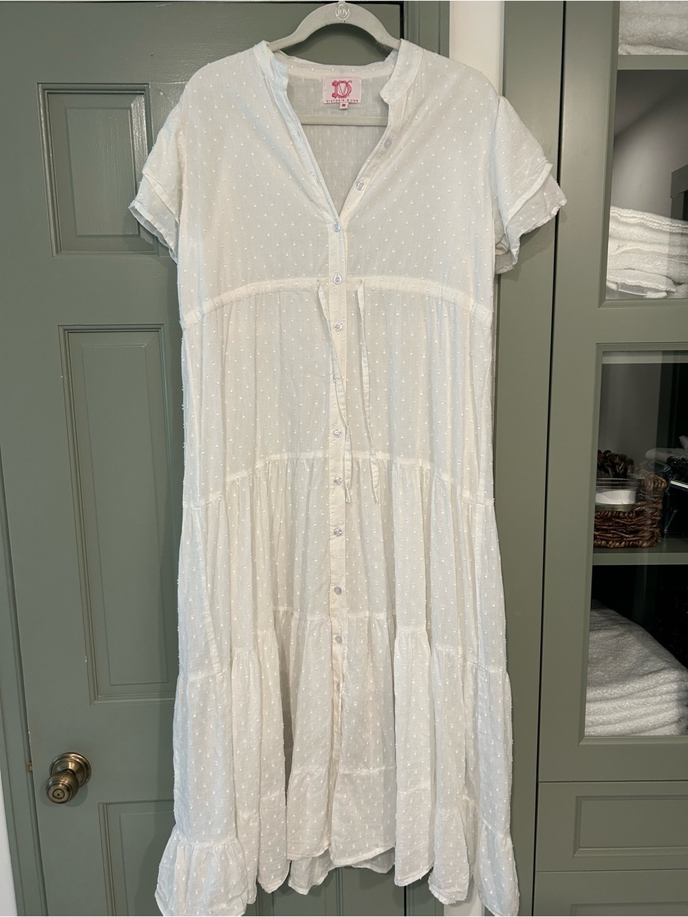 Victoria Dunn White Swiss Dot Button-Front Maxi Dress